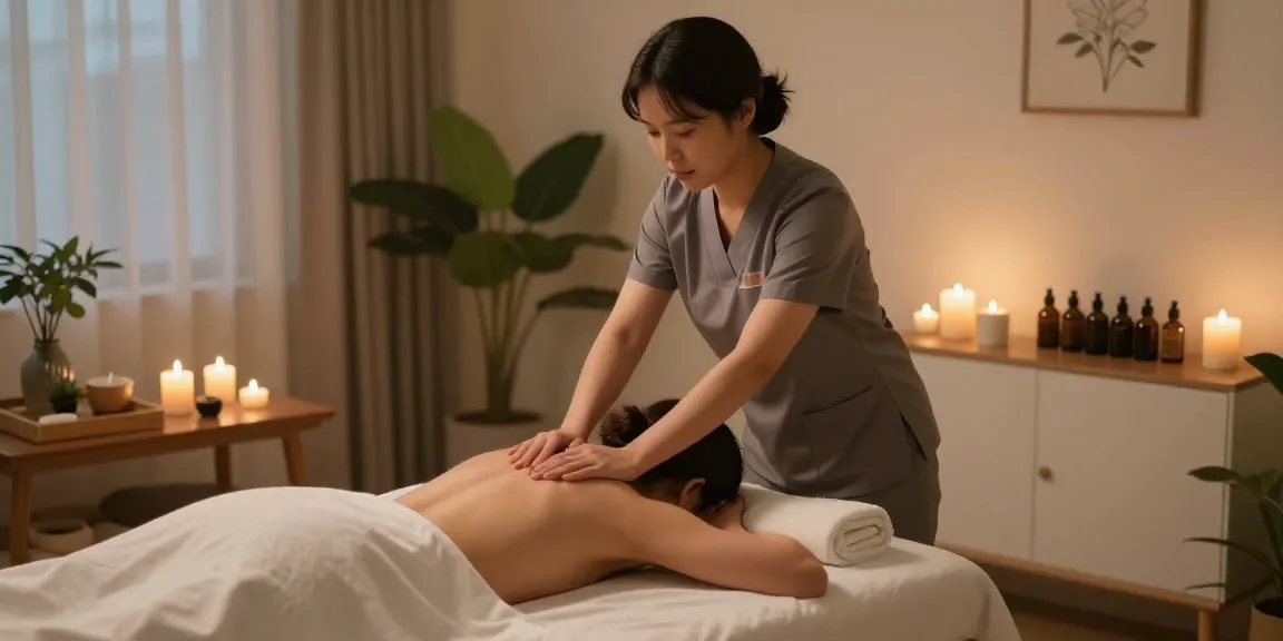 화성출장안마 중인 고객과 한국인 관리사, 아늑한 분위기에서 편안함과 안정감을 제공하는 마사지 장면