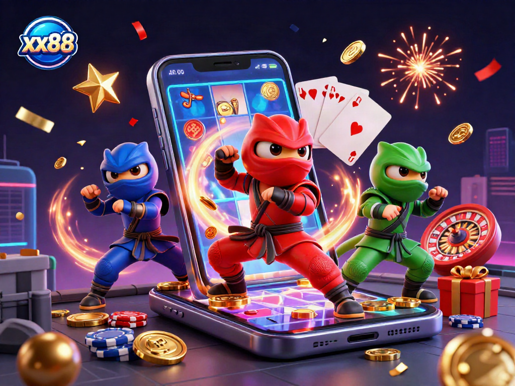 Experience thrilling gameplay with xx88 as ninja chameleons showcase slot games amidst rich casino elements.