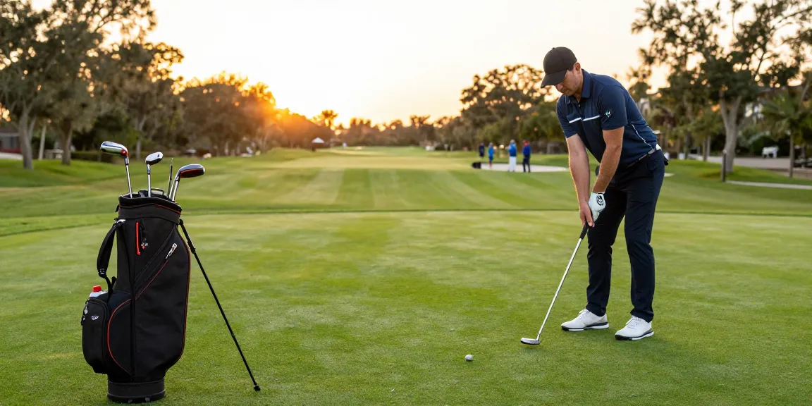 Menampilkan ulasan putter terbaru di https://puttperfection.com/putter-reviews dengan suasana lapangan golf yang indah dan pemain yang fokus.