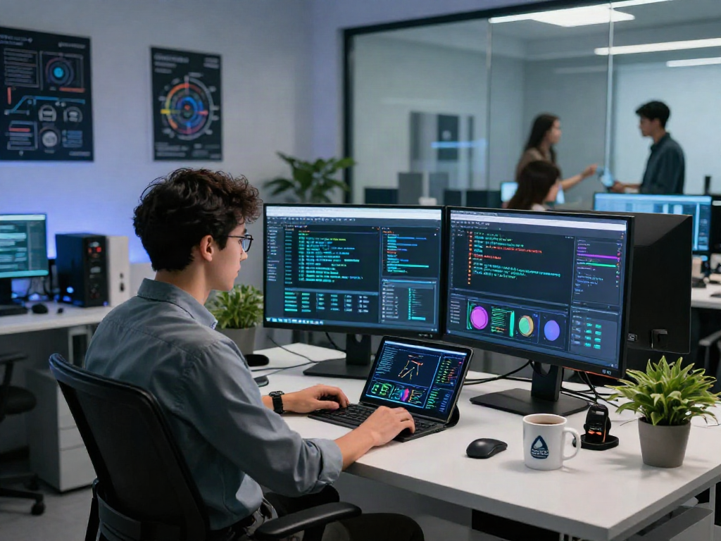 AI Detector technology analysis in a modern tech workspace with multiple screens and data visualization.
