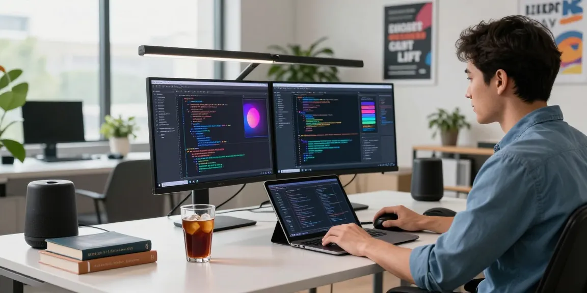 Dynamic tech workspace with cika4d coding developer at dual screens, coffee, and vibrant tech atmosphere