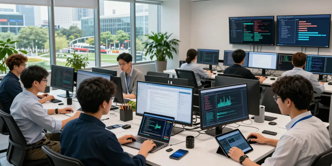 AI detector team analyzing content moderation metrics in a vibrant tech workspace