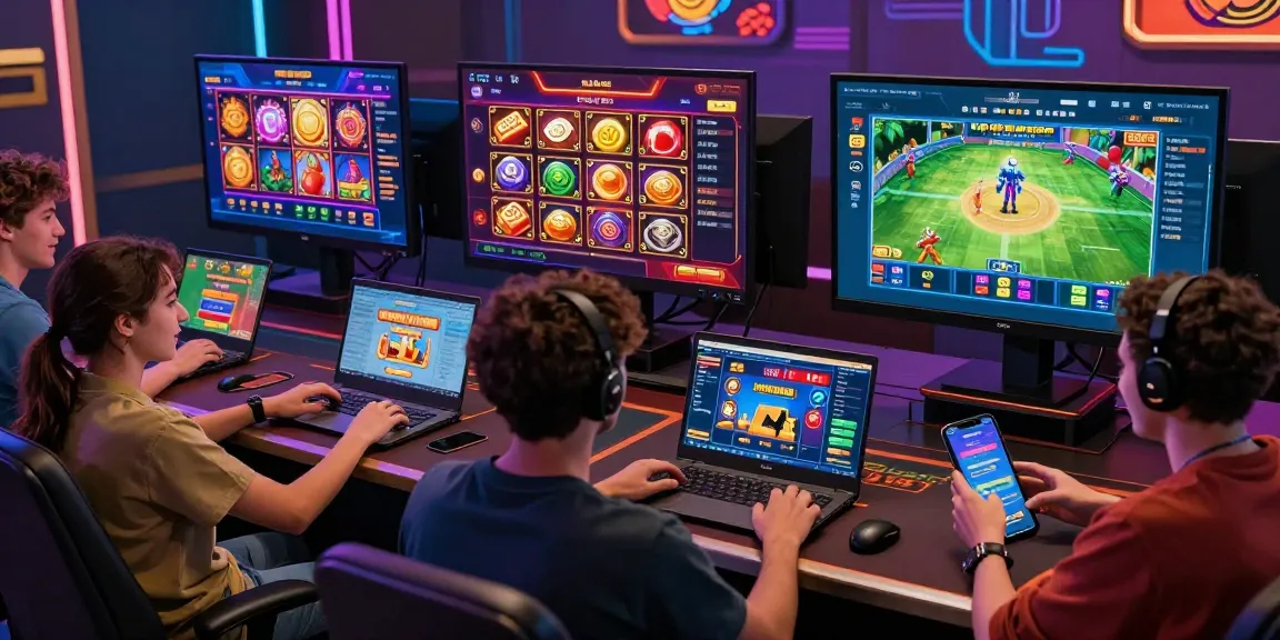 Diverse players enjoying various games on 鉅城娛樂城 online platform, celebrating wins with vibrant graphics.