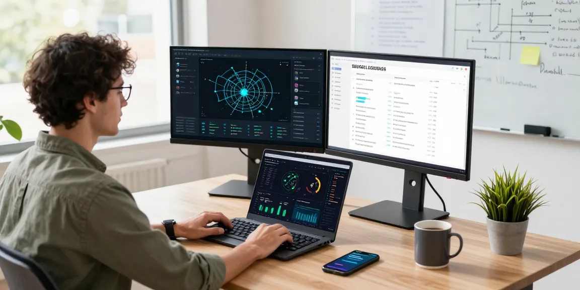 快连 network optimization in a modern tech workspace with developer and dual monitors showcasing performance analytics.