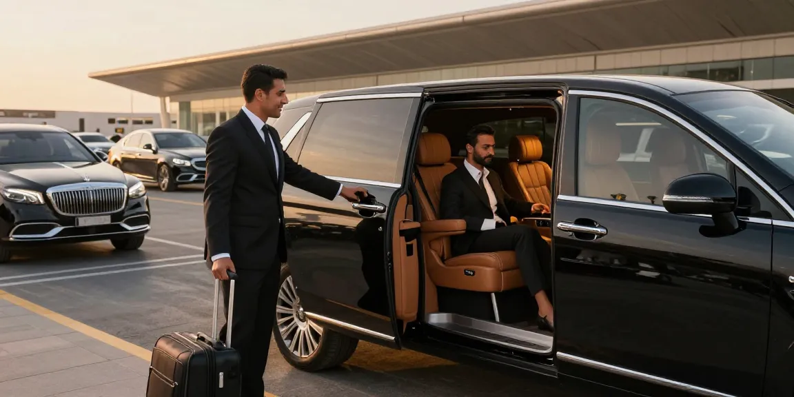 airport transfer dubai luxury with professional chauffeur welcoming traveler at Dubai International Airport in premium SUV