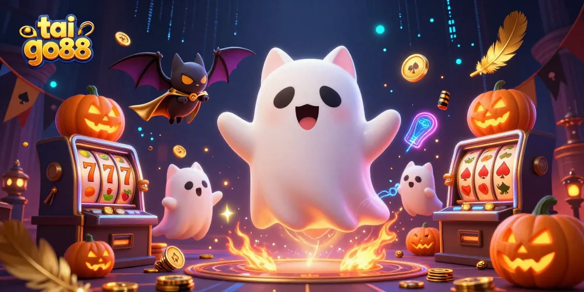 Experience the thrill of tai go88 as a ghost cat navigates a vibrant casino scene filled with glowing elements.