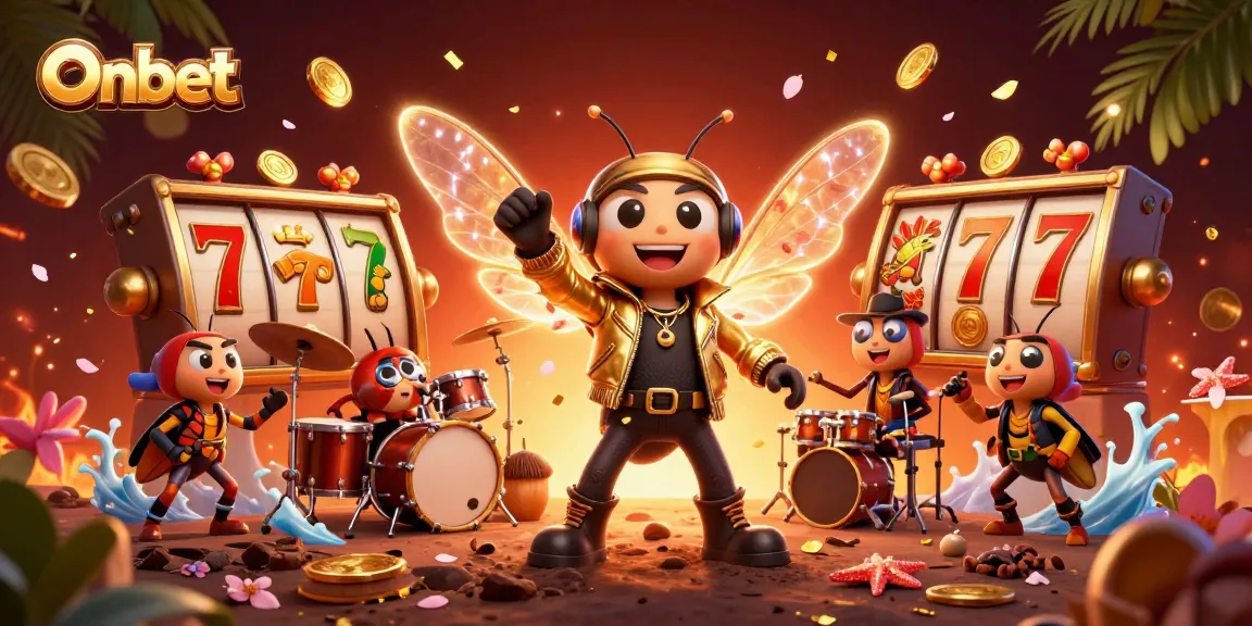 Experience Onbet's vibrant casino scene with slot reels, winning symbols, and dynamic characters bringing excitement to online gambling.