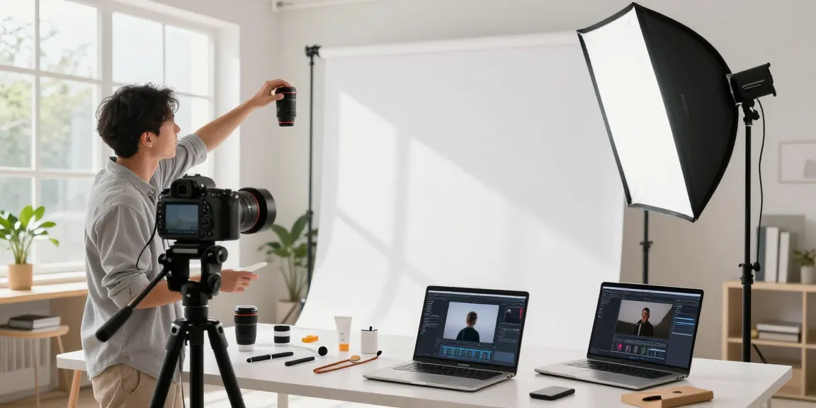 Visuel d'un photographe ecommerce Milano dans un studio moderne, capturant des accessoires sur fond blanc.