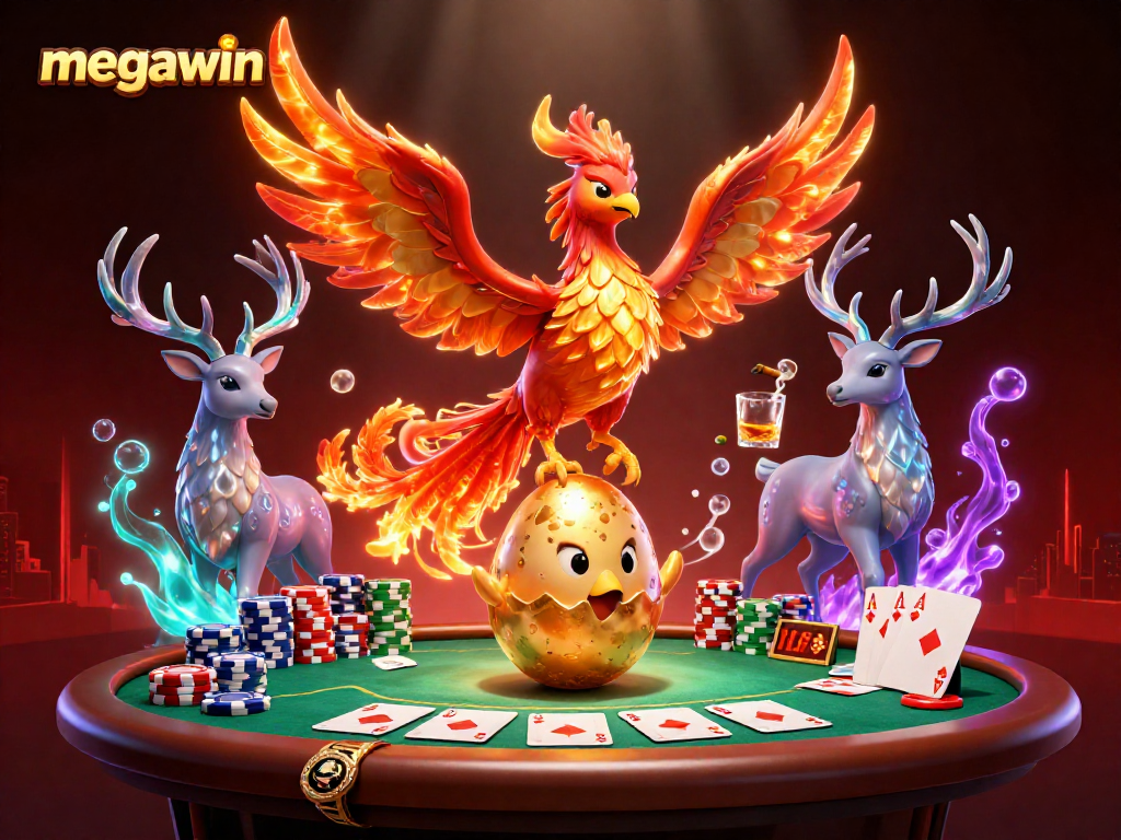 Experience megawin moments with a vibrant 3D casino illustration featuring phoenixes and poker elements.