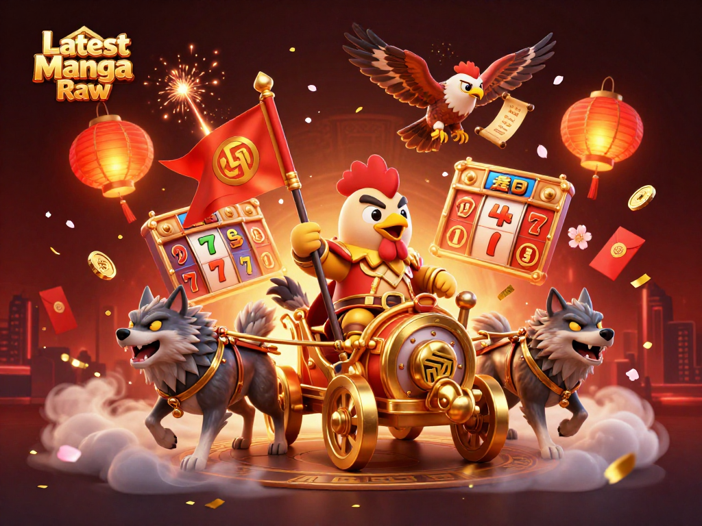 Engage with Latest Manga Raw as a cartoon rooster warlord dominates the casino-themed battle scene, rich with slot reels.
