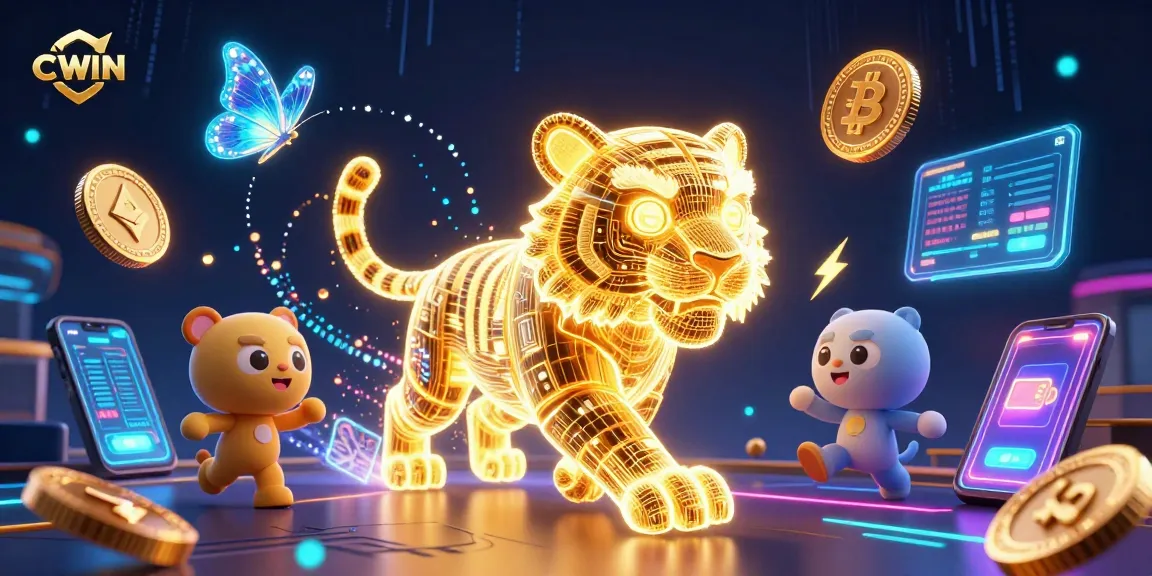 Engage with CWIN's vibrant digital casino landscape, featuring a golden neon tiger and crypto elements.