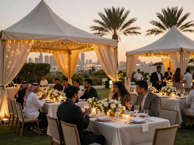 Event rental ksa showcasing an elegant outdoor event setup with fine dining and lush decor.