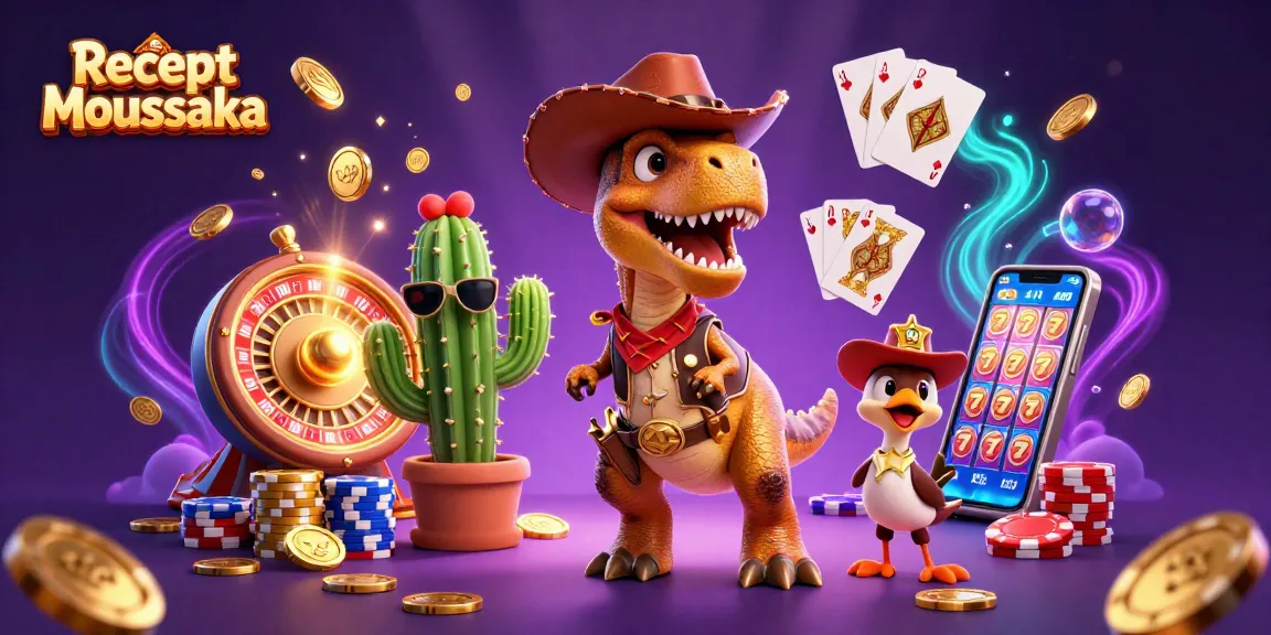 Spin for wins with Recept Moussaka, featuring a dynamic casino scene in vibrant 3D.