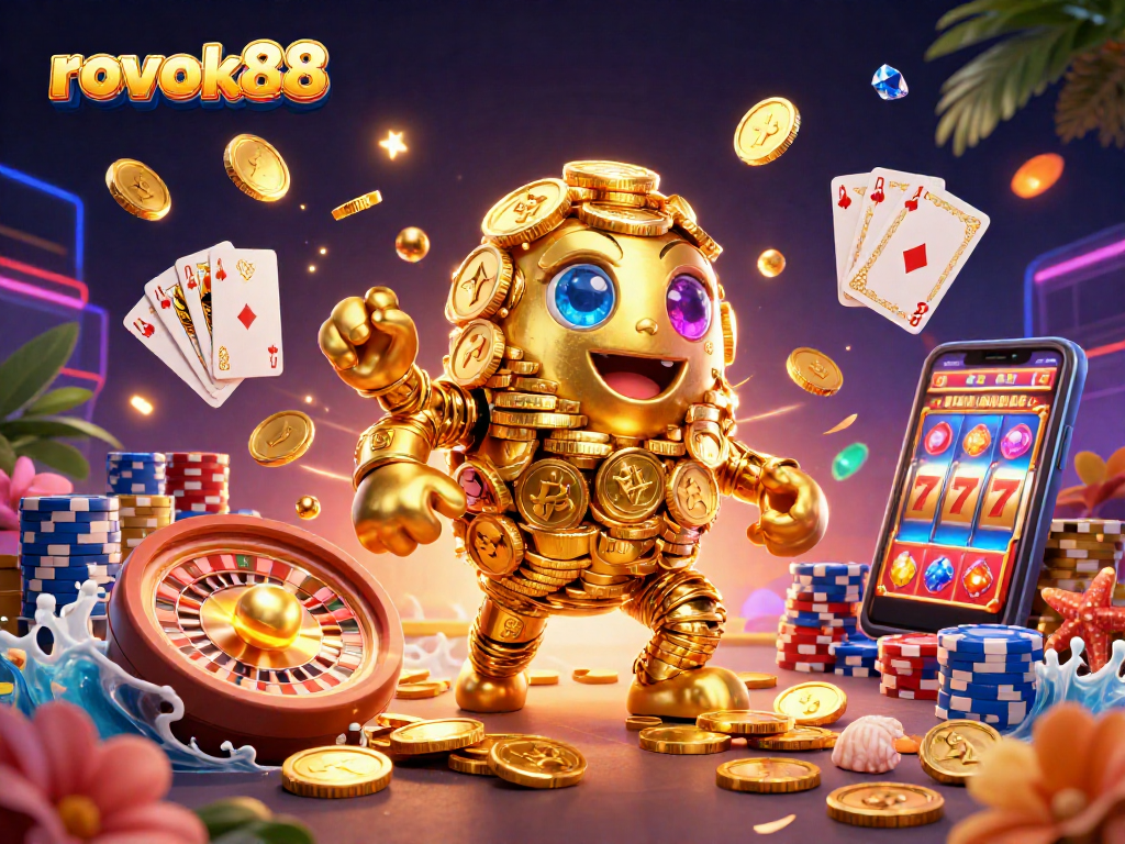 rokok88 spins the reels with a golden golem surrounded by casino elements and vibrant graphics