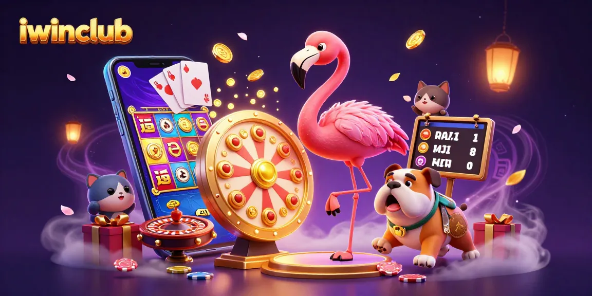 Spin to win at iwinclub with a vibrant game show scene featuring exciting characters and casino elements.