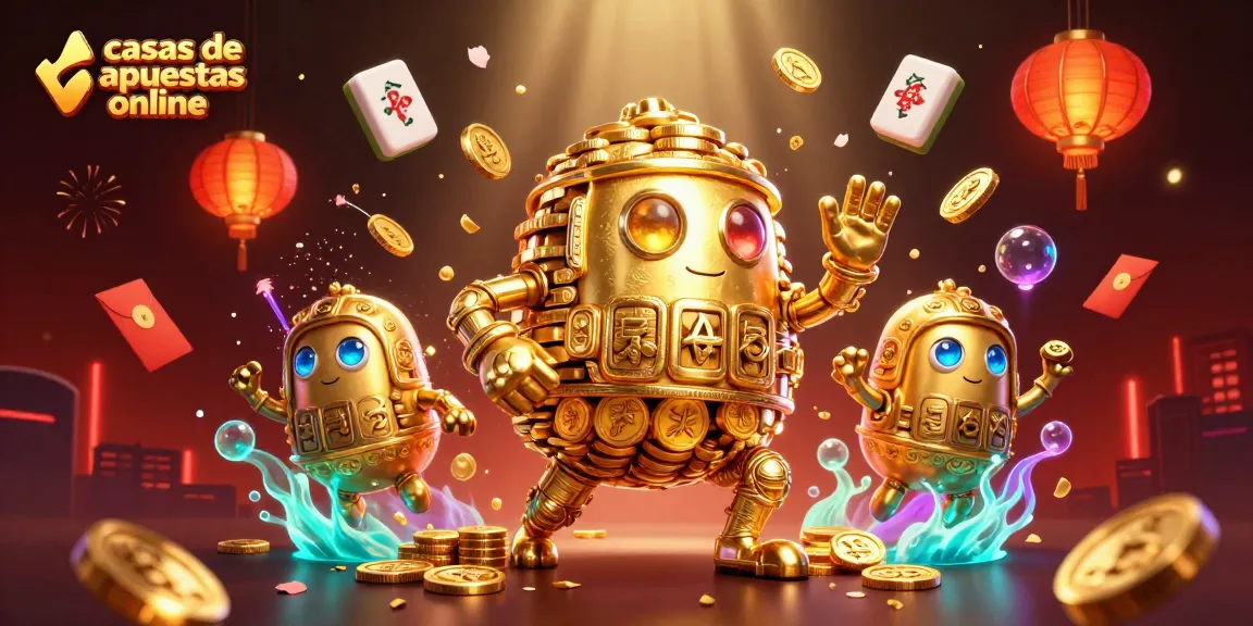 Las casas de apuestas online muestran una escena vibrante con un golem dorado rodeado de elementos de juego, simbolizando la emoción de las apuestas.