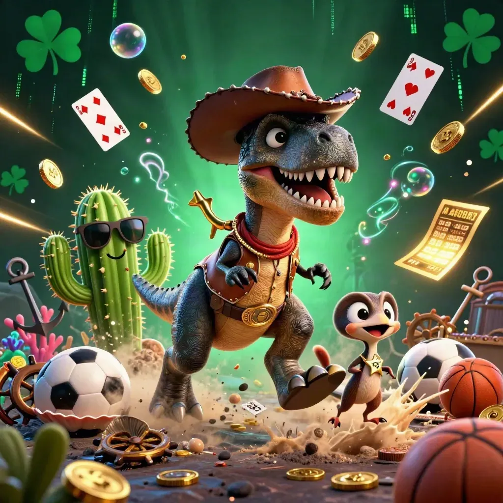 Cowboy T-Rex, cactus sidekick and roadrunner amid treasure, sports balls and gold coins