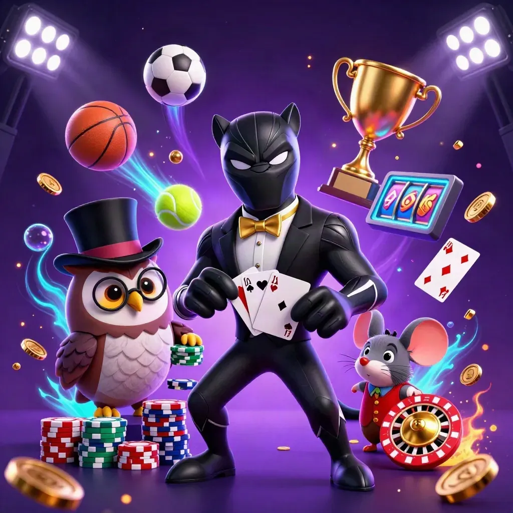 Panther, owl, and mouse amid gold coins, chips, balls, and glowing casino energy.