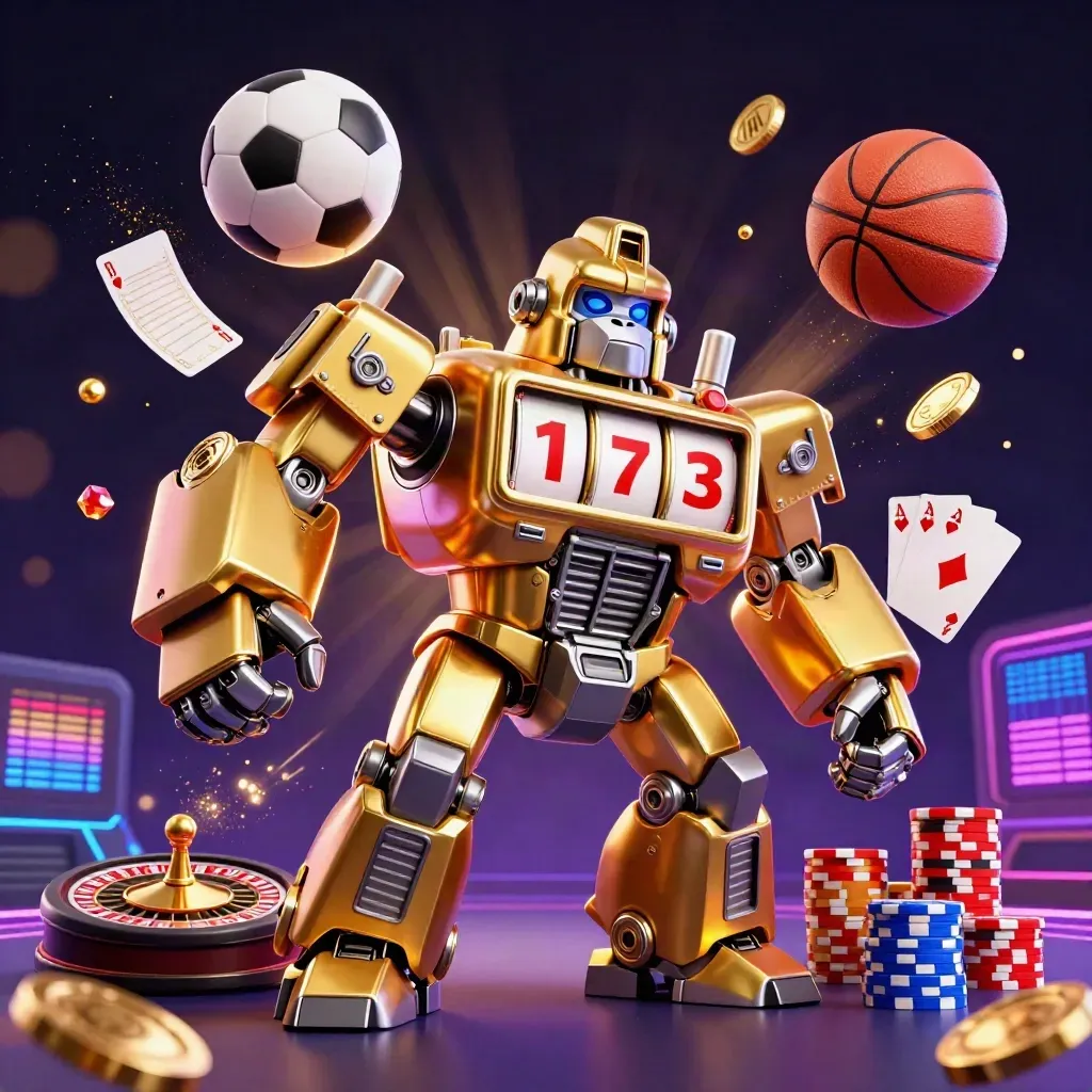Golden gorilla mech with monkey pilot, coins, chips, and sports balls exploding under stadium lights.