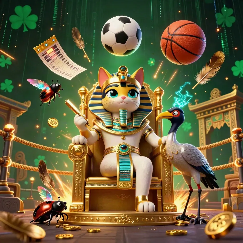 Pharaoh cat, ibis scribe, and scarab beetles amid gold sports chaos and neon casino lighting