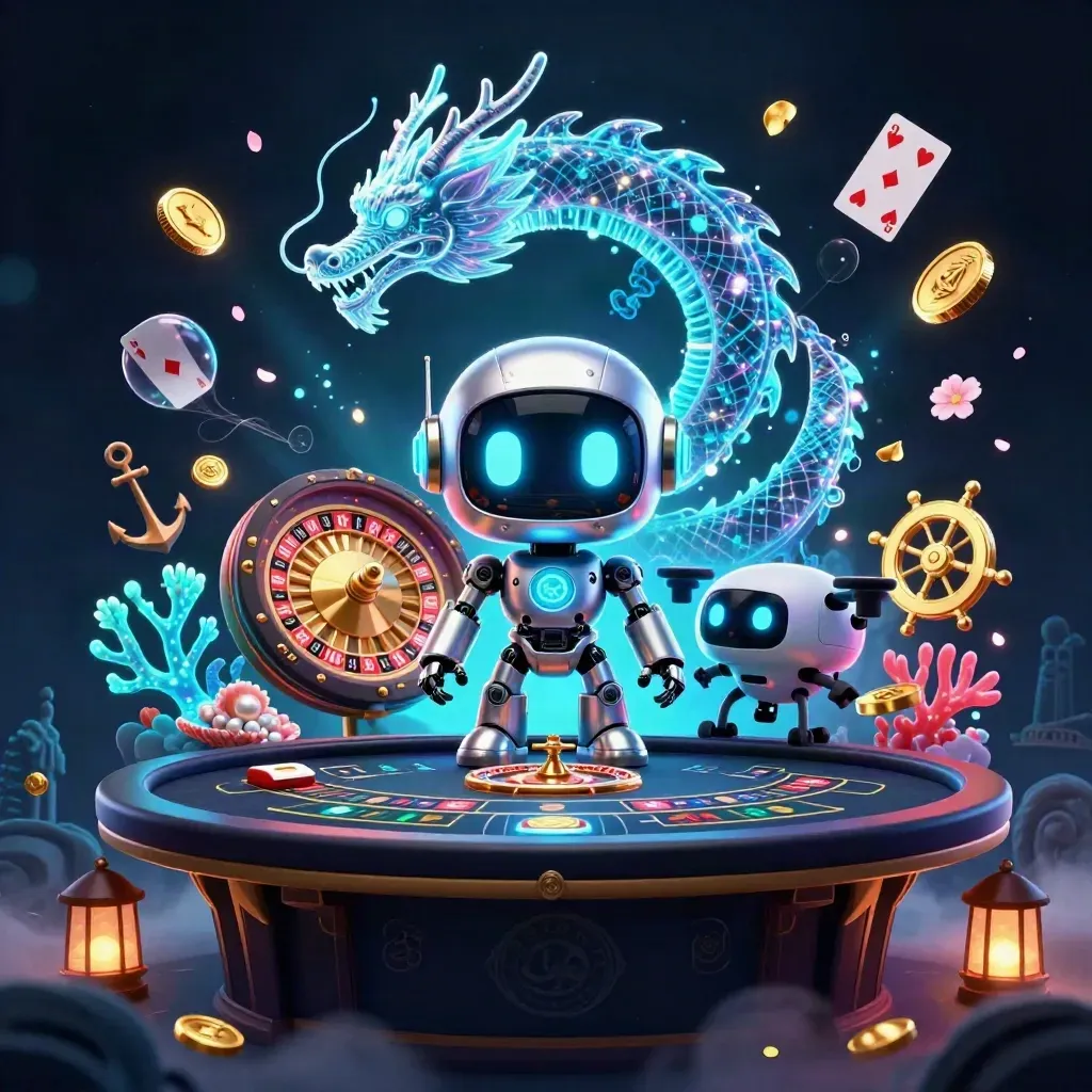 Cyberpunk robot, holographic dragon, and drone in a gold treasure-cove casino with coral and roulette glow