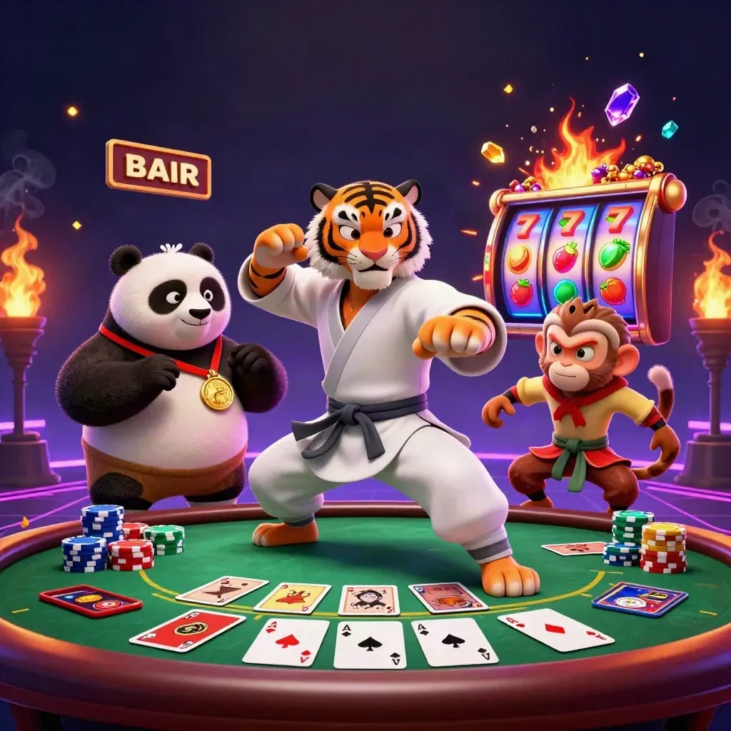Tiger, panda, and monkey casino heroes amid chips, cards, gold sparks, and neon lighting.