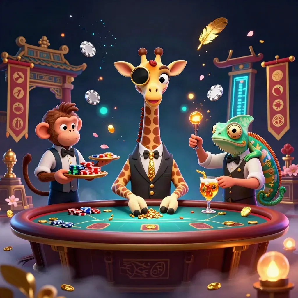 Giraffe, monkey, and chameleon in a gold casino scene with coins, petals, and cyan glow.