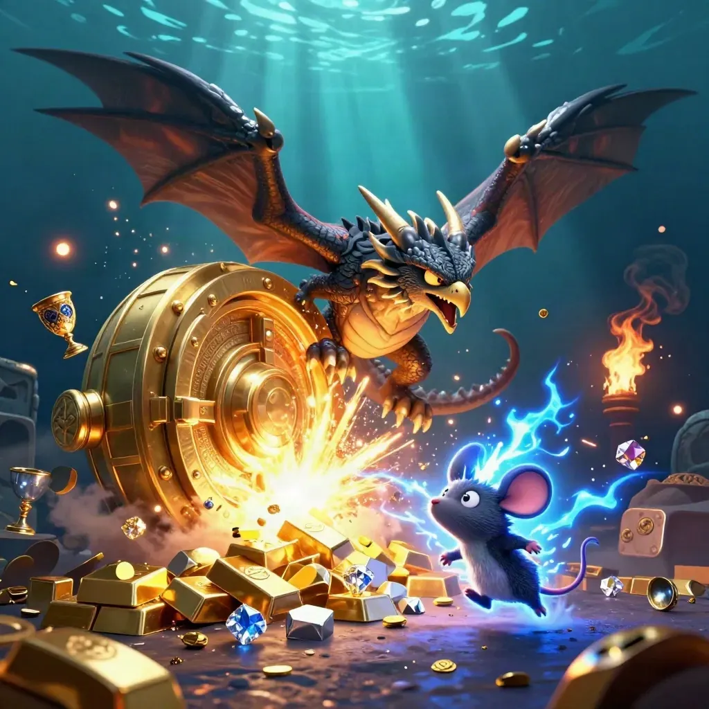 Thunder dragon, winged hawk, and static mouse burst from a gold vault amid gems and ingots.