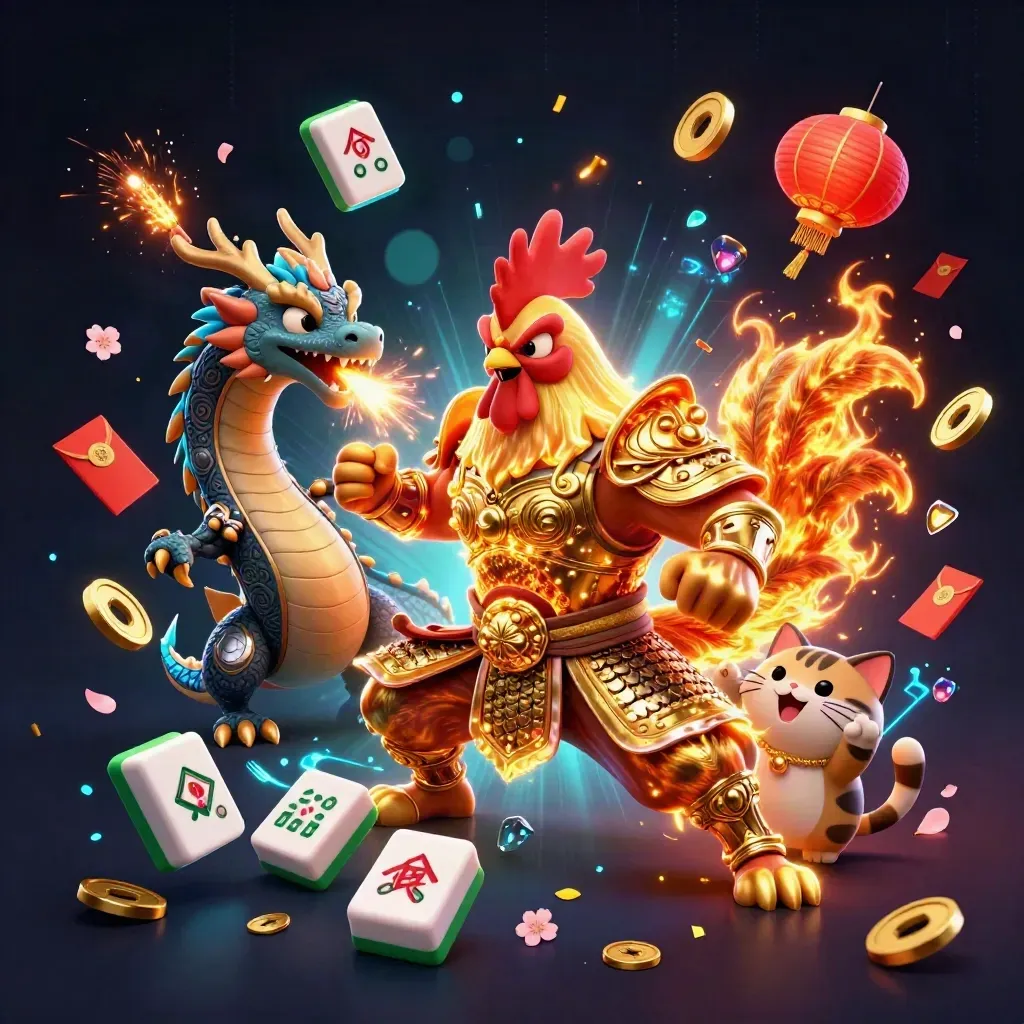Rooster warrior, dragon hatchling, and fortune cat amid gold coins and neon sparks.