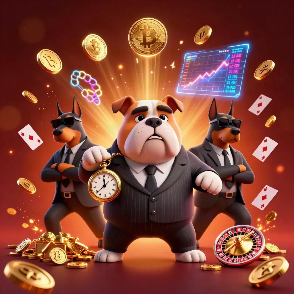 Bulldog boss and Dobermans burst from treasure with coins, cards, and glowing crypto effects.