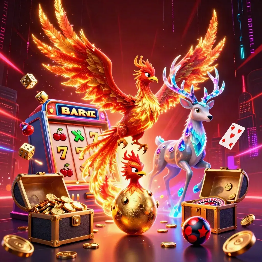 Phoenix, stag, and baby phoenix burst from a jackpot slot with gold coins, dice, and neon energy