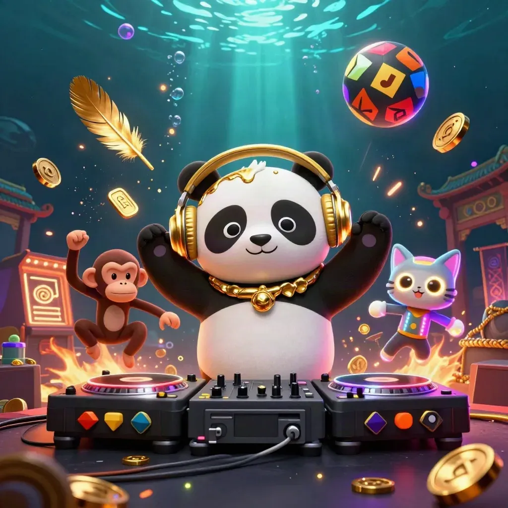 DJ panda, monkey, and kitten amid casino treasure, coins, bubbles, and teal underwater glow.