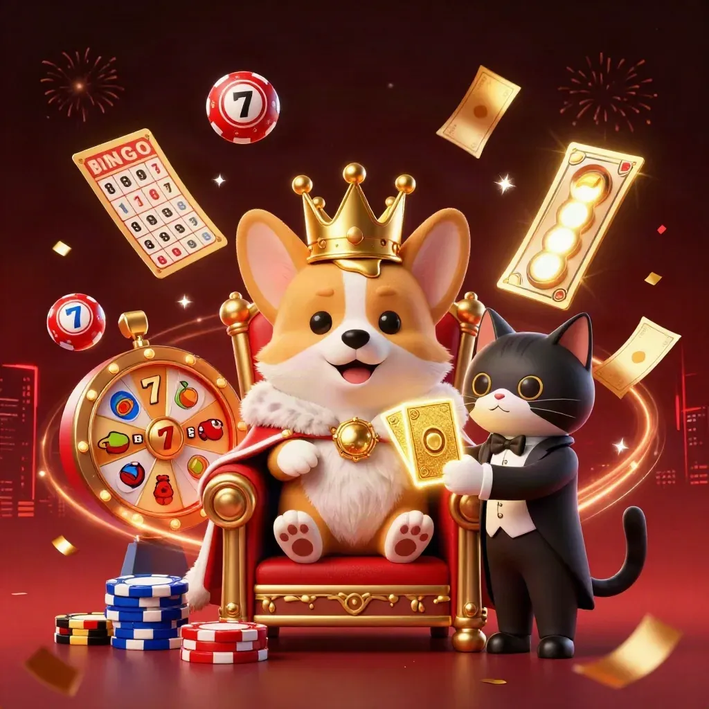 Royal corgi on poker chips with cat butler, golden cards, reels, lottery balls, confetti, sparks.