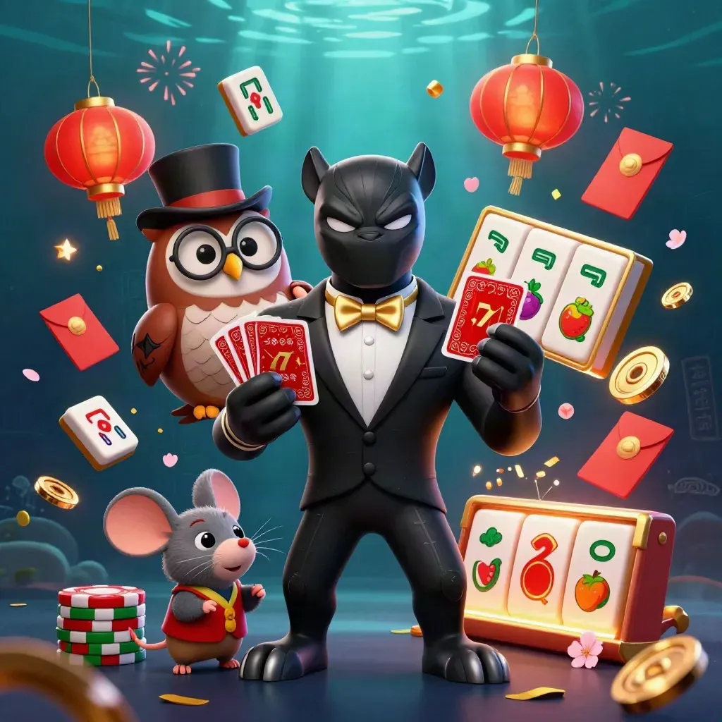 Panther, owl, and mouse casino heroes amid gold cards, coins, lanterns, and glowing reels.