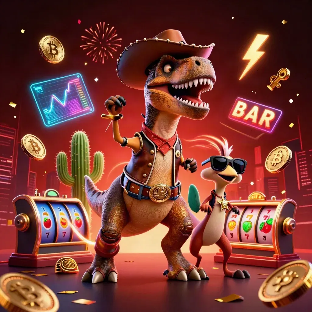 Cowboy T-Rex, cactus sidekick, and roadrunner amid casino coins, charts, sparks, and red-gold fireworks.