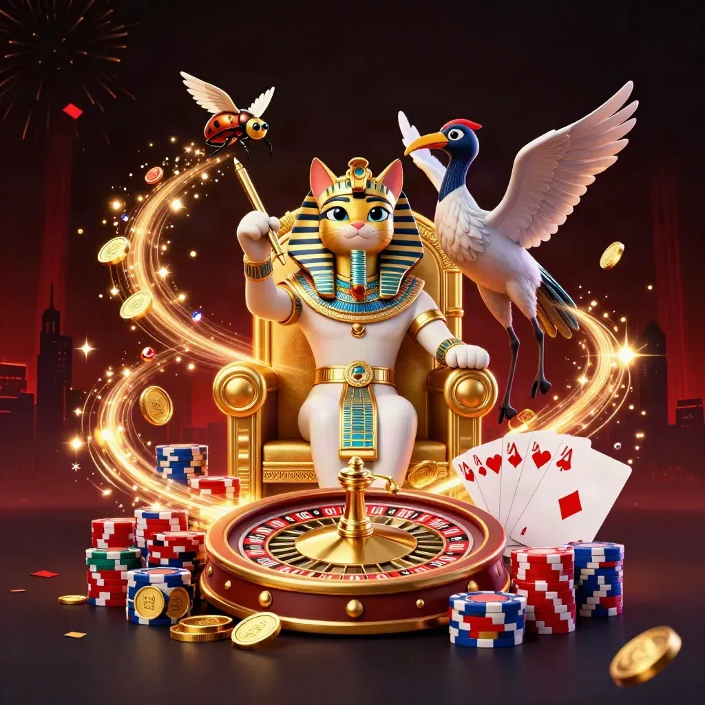 Pharaoh cat, ibis scribe, and scarabs amid gold coins, roulette, cards, and chips on a dark casino stage.