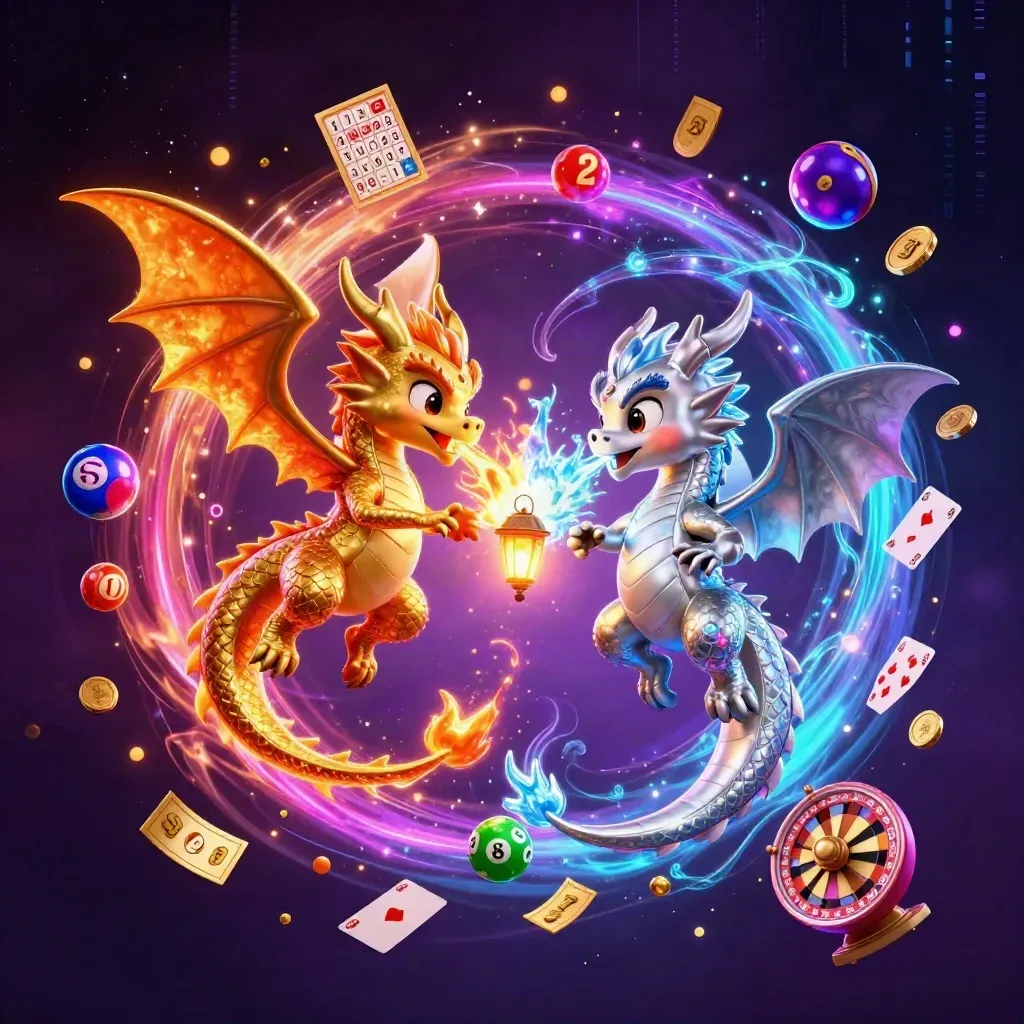 Twin gold and silver dragons swirl with casino symbols, glowing in neon space.