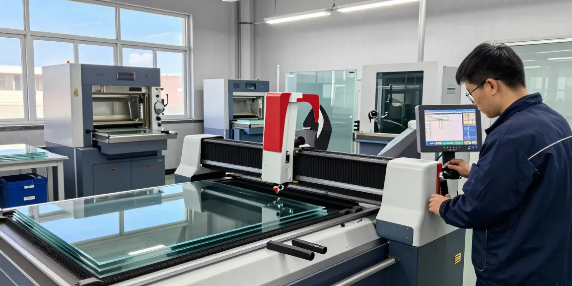 Technician operating a CNC glass cutting machine in an industrial workshop, surrounded by advanced glass processing equipment.