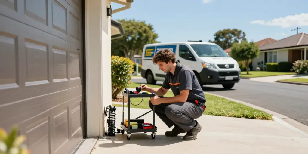 Technician performing garage door repair near me in Perth, showcasing tools and service van.