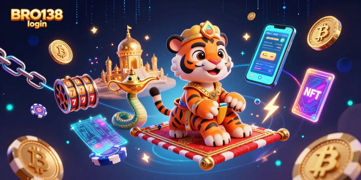 Spin to win with BRO138 login, featuring a vibrant scene of a tiger sultan on a magic carpet with slot reels.