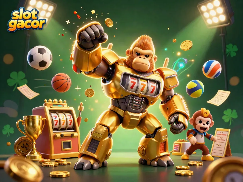 Experience slot gacor action with a dynamic gorilla mech surrounded by colorful elements and gold coins.