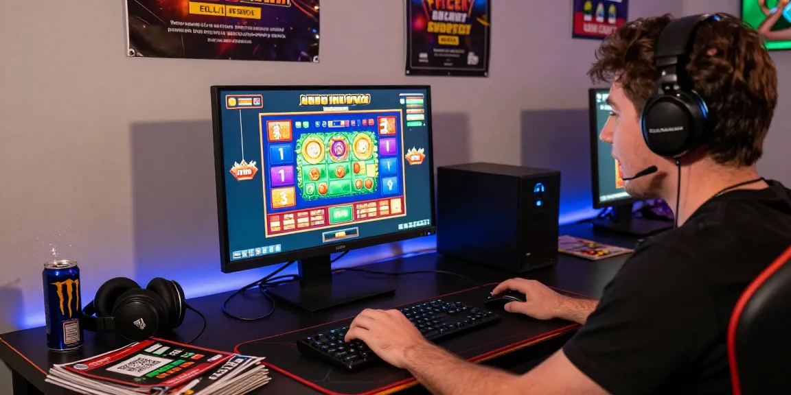 Excited player engaging with a slot deposit 5000 game, surrounded by gaming gear and colorful graphics, in a vibrant online gambling environment.