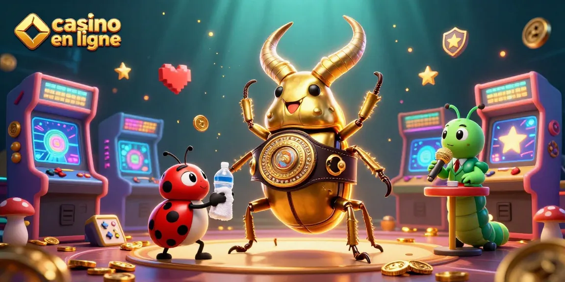 Jouez à casino en ligne avec des machines à sous et des éléments colorés autour d'un insecte champion.