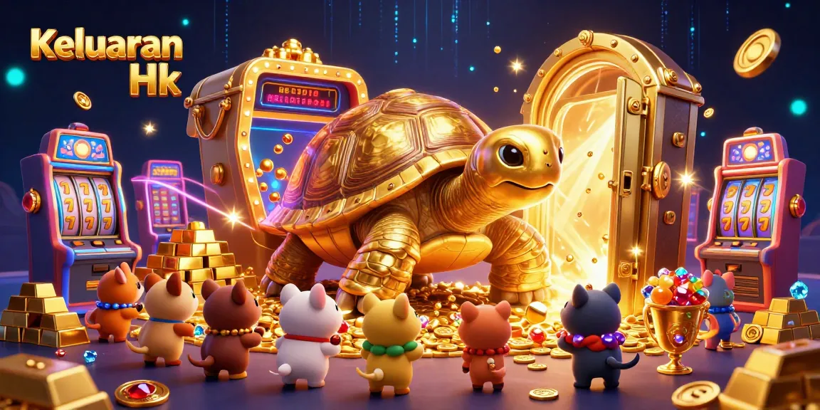 Keluaran Hk showcases a lively scene with a golden tortoise pinball, slot machines, and treasure in a vibrant 3D illustration.