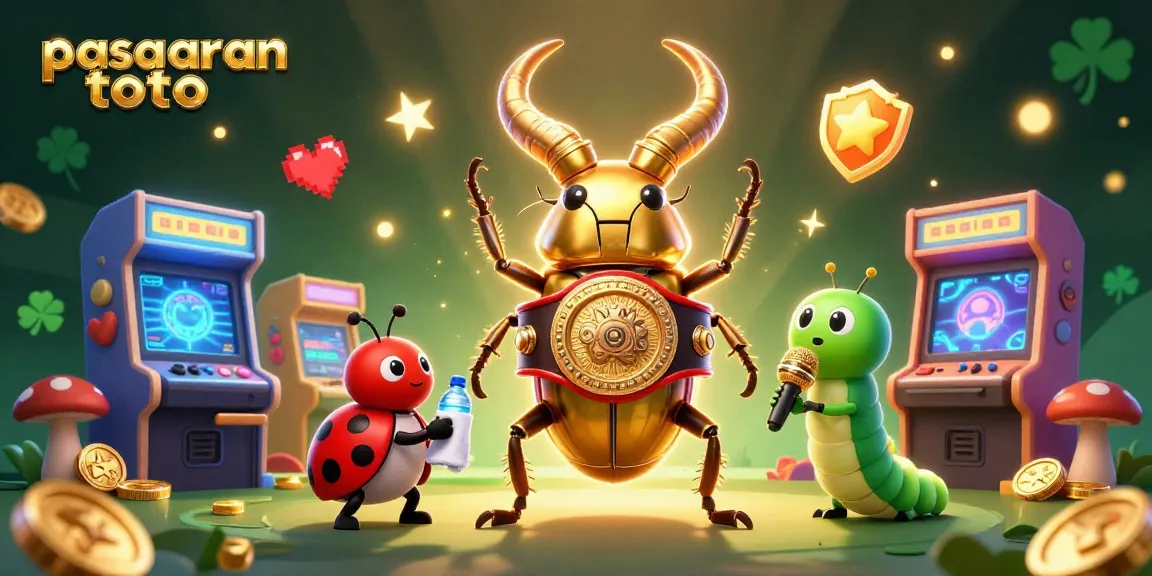 Exciting pasaran toto showdown with a golden beetle boxer, ladybug corner-man, and a caterpillar announcer