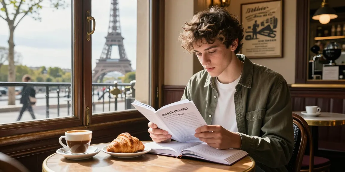 Cursos de francés en Francia - Estudiante estudiando en un café de París rodeado de libros, café y cultura francesa.