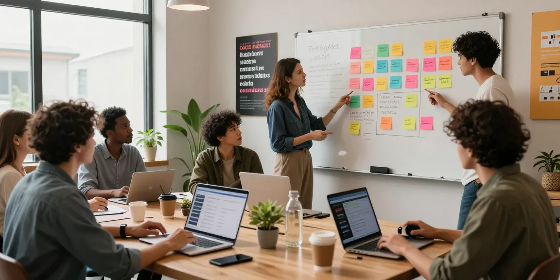 Group brainstorming session focusing on strategies to buy targeted Instagram followers in a vibrant marketing workspace.