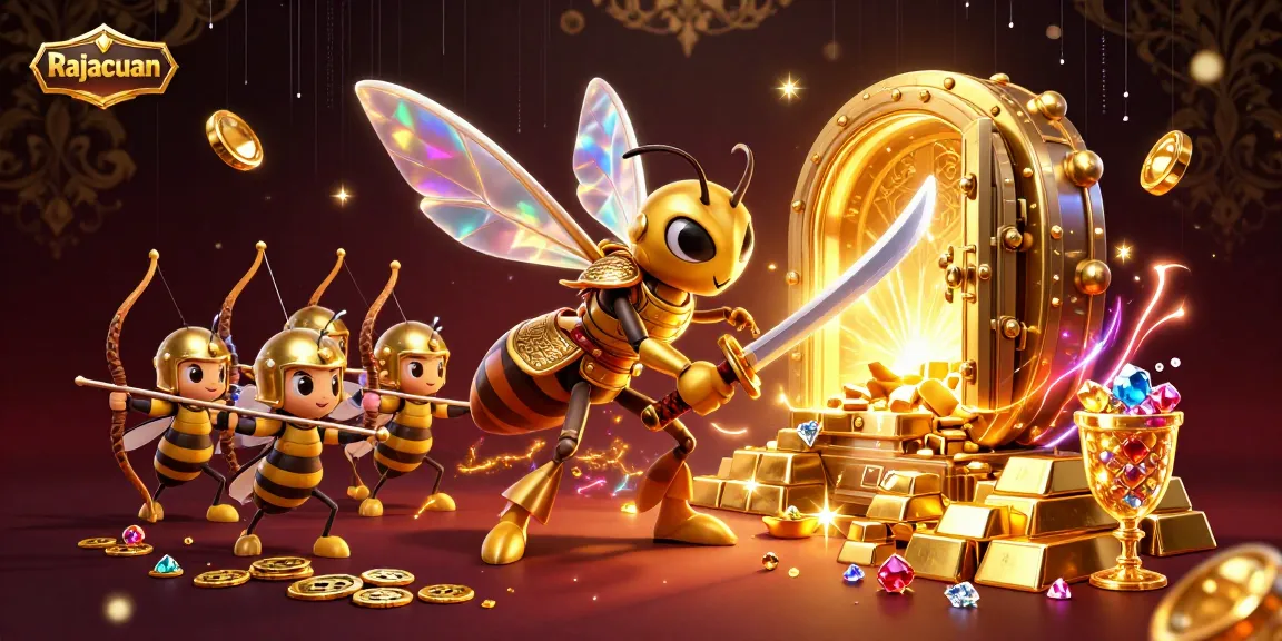 Rajacuan's exciting scene showcases a hornet in samurai armor among treasures, reflecting winning momentum in gambling.