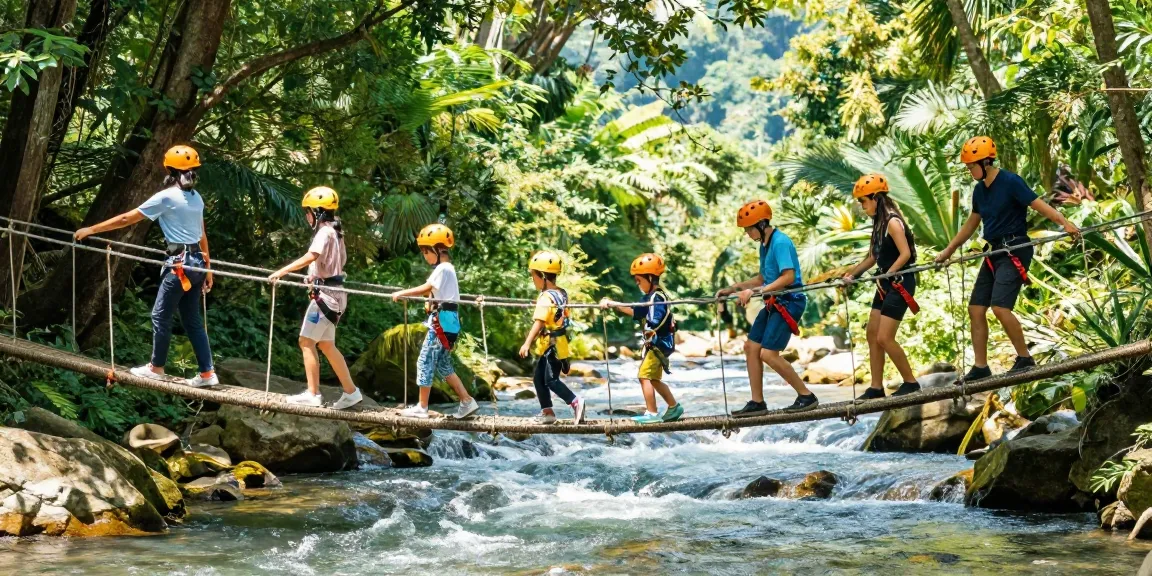 Family crossing a river rope bridge, showcasing teamwork and adventure in a vibrant outdoor setting.