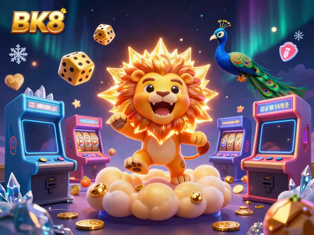 Experience thrill as BK8's sun lion roars among golden dice and vibrant game elements in a dynamic casino scene.